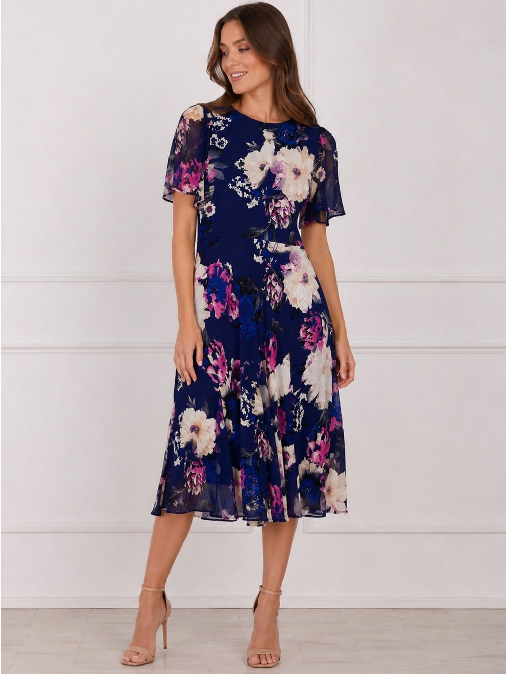 DKNY Floral Chiffon Midi Dress Navy Pink Size 6 NWT